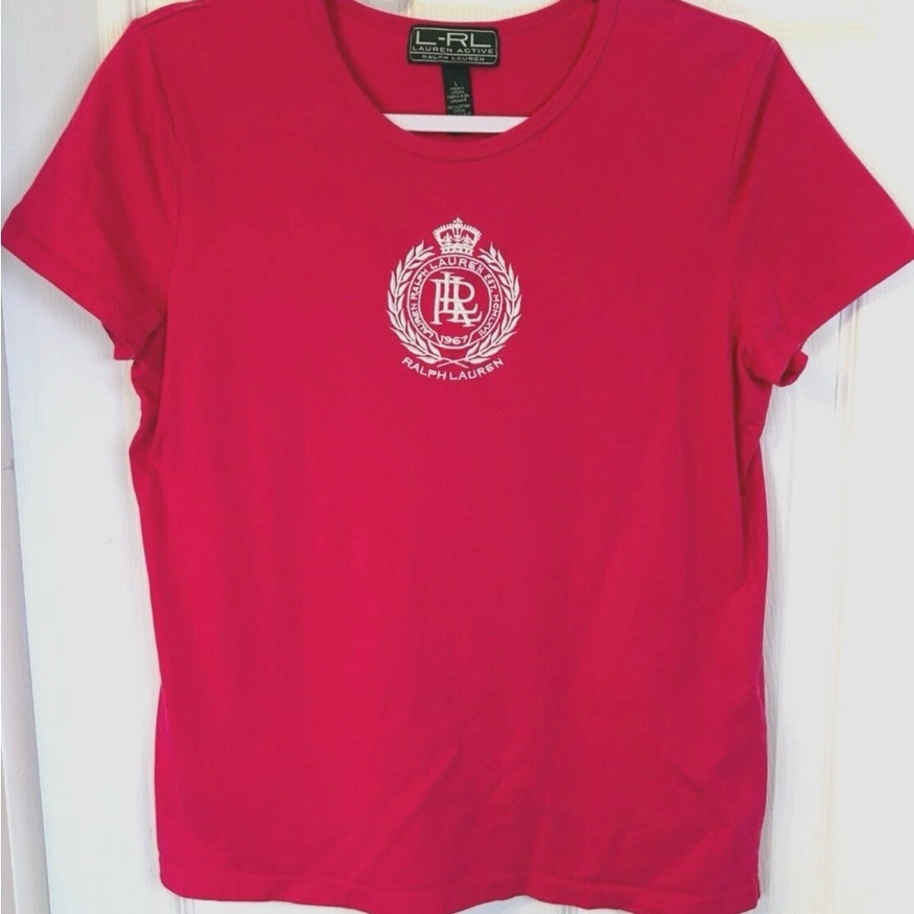 EUC Lauren Ralph Lauren Active Tee Sz L Pink Embroider Crown Preppy Classic Cool